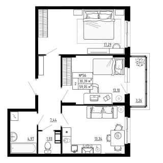 Объявление 2-к квартира, 59.03м2, 3/4 эт