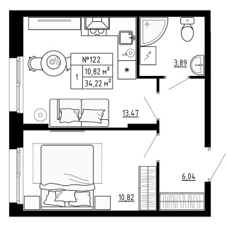 Объявление 1-к квартира, 34.22м2, 1/4 эт