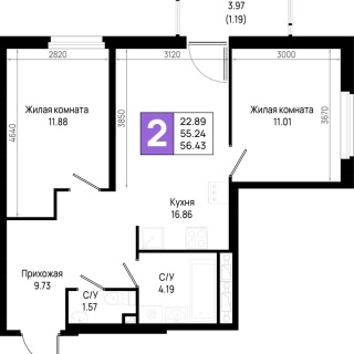 Объявление 2-к квартира, 55.24м2, 2/23 эт