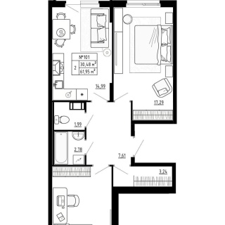 Объявление 2-к квартира, 61.95м2, 4/4 эт