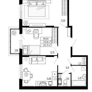 Объявление 2-к квартира, 62.75м2, 3/4 эт