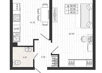 Объявление 1-к квартира, 40.6&nbsp;м&sup2;, 1/4 эт.