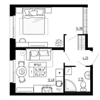 Объявление 1-к квартира, 35.5м2, 1/4 эт