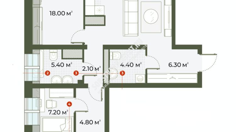 Объявление 2-к квартира, 87.9м2, 6/6 эт