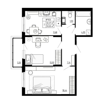 Объявление 2-к квартира, 59.05м2, 3/4 эт