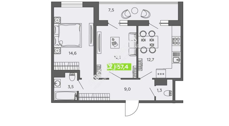 Объявление 2-к квартира, 57.4м2, 10/13 эт