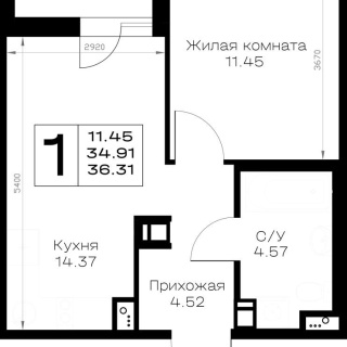 Объявление 1-к квартира, 36.31м2, 2/8 эт