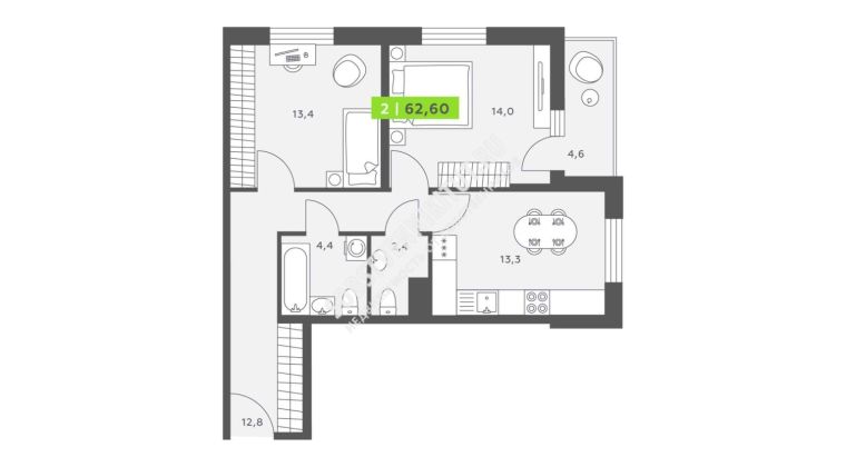 Объявление 2-к квартира, 62.6м2, 13/13 эт