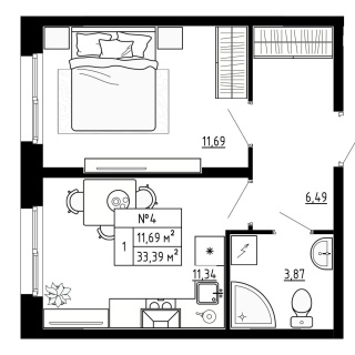 Объявление 1-к квартира, 33.4м2, 1/4 эт