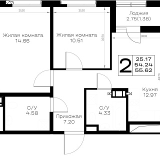 Объявление 2-к квартира, 55.62м2, 2/8 эт