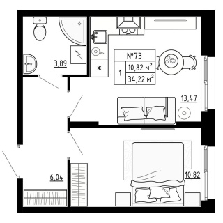 Объявление 1-к квартира, 34.22м2, 1/4 эт
