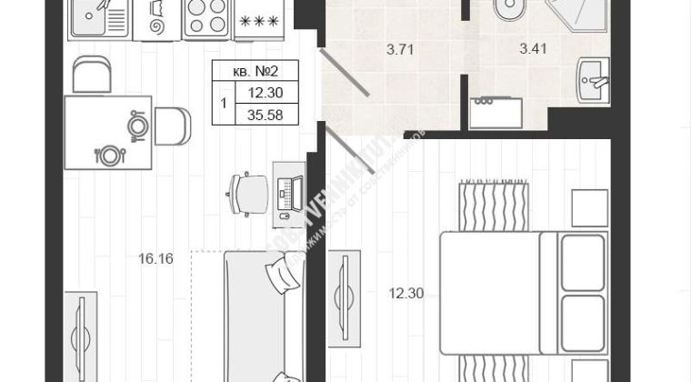 Объявление 1-к квартира, 35.5м2, 1/4 эт