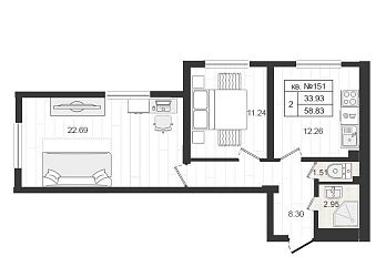 Объявление 2-к квартира, 59.2&nbsp;м&sup2;, 1/4 эт.
