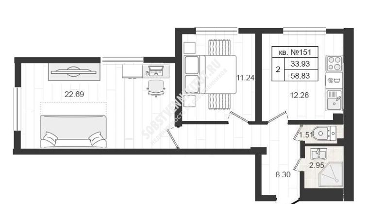 Объявление 2-к квартира, 59.2м2, 1/4 эт