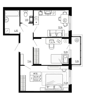 Объявление 2-к квартира, 59.02м2, 4/4 эт