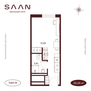 Объявление Студия, 25.53м2, 21/23 эт