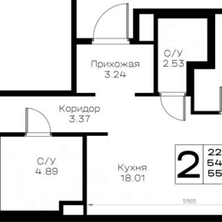 Объявление 2-к квартира, 55.77м2, 1/8 эт