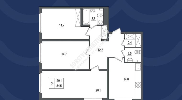 Объявление 3-к квартира, 84.5м2, 2/11 эт