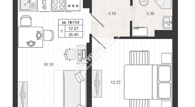 Объявление 1-к квартира, 35.5м2, 1/4 эт