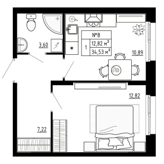 Объявление 1-к квартира, 34.53м2, 1/4 эт