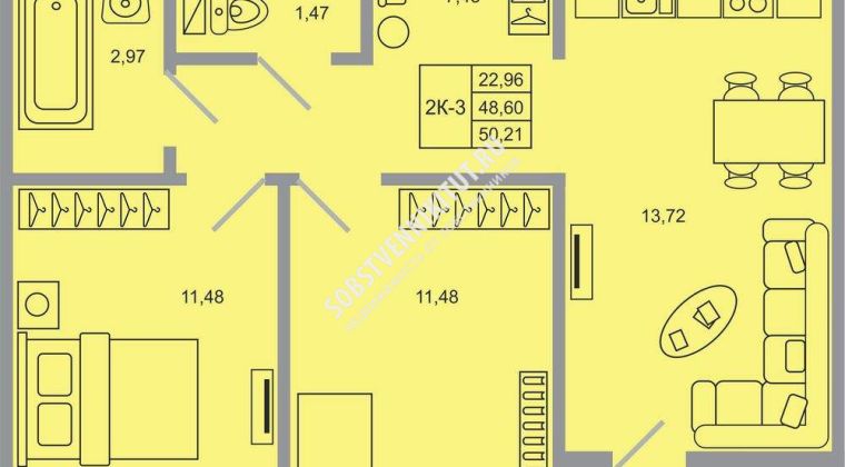 Объявление 2-к квартира, 50.21м2, 12/20 эт