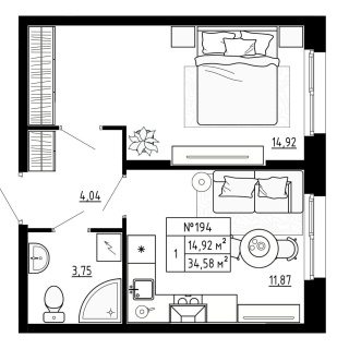 Объявление 1-к квартира, 34.58м2, 1/4 эт