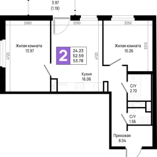 Объявление 2-к квартира, 53.78м2, 2/23 эт