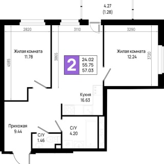 Объявление 2-к квартира, 57.03м2, 5/23 эт