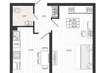 Объявление 1-к квартира, 36.6&nbsp;м&sup2;, 1/4 эт.