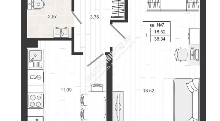 Объявление 1-к квартира, 36.6м2, 1/4 эт