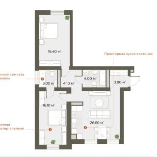 Объявление 2-к квартира, 74м2, 1/6 эт