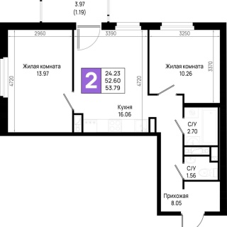 Объявление 2-к квартира, 53.79м2, 6/23 эт