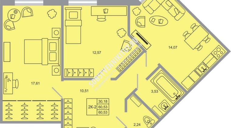 Объявление 2-к квартира, 60м2, 4/17 эт