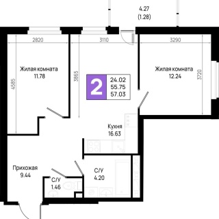 Объявление 2-к квартира, 57.03м2, 22/23 эт