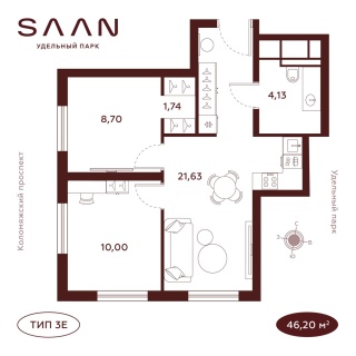 Объявление 2-к квартира, 45.52м2, 21/23 эт