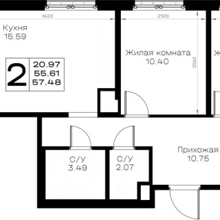 Объявление 2-к квартира, 57.48м2, 1/8 эт