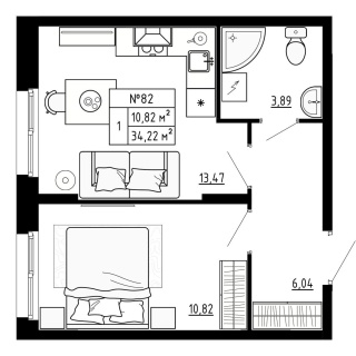 Объявление 1-к квартира, 34.22м2, 1/4 эт