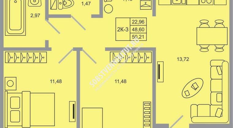 Объявление 2-к квартира, 50.21м2, 12/20 эт
