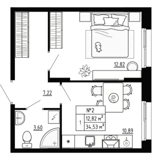 Объявление 1-к квартира, 34.53м2, 1/4 эт