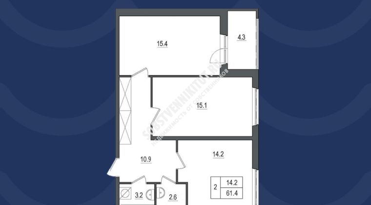 Объявление 2-к квартира, 61м2, 8/11 эт