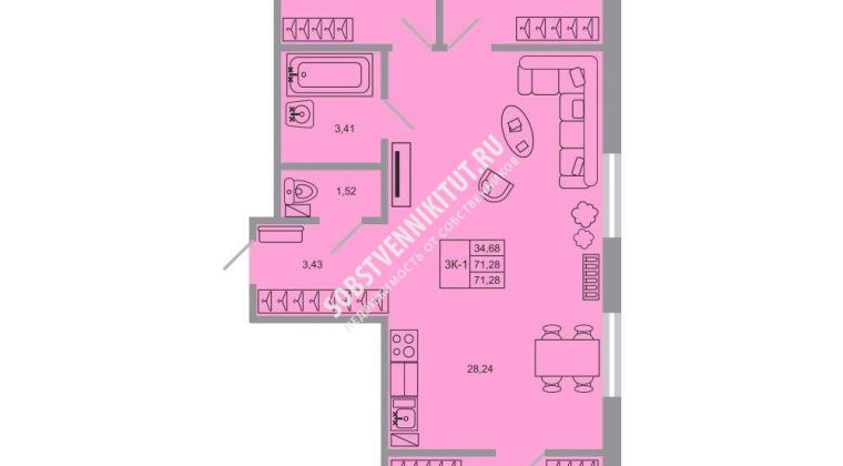 Объявление 3-к квартира, 71.28м2, 5/20 эт