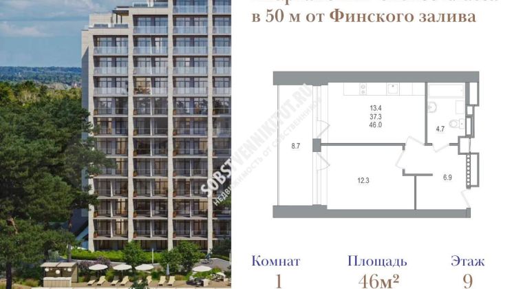 Объявление 1-к квартира, 46м2, 9/12 эт