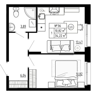 Объявление 1-к квартира, 34.3м2, 1/4 эт