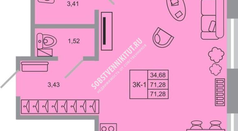 Объявление 3-к квартира, 71.28м2, 5/20 эт