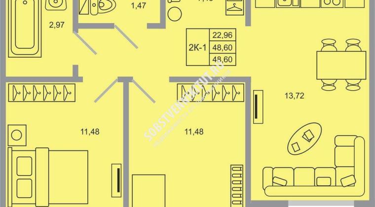 Объявление 2-к квартира, 48.6м2, 1/20 эт